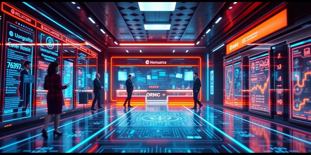 Futuristic e-commerce technology with vibrant digital interfaces.