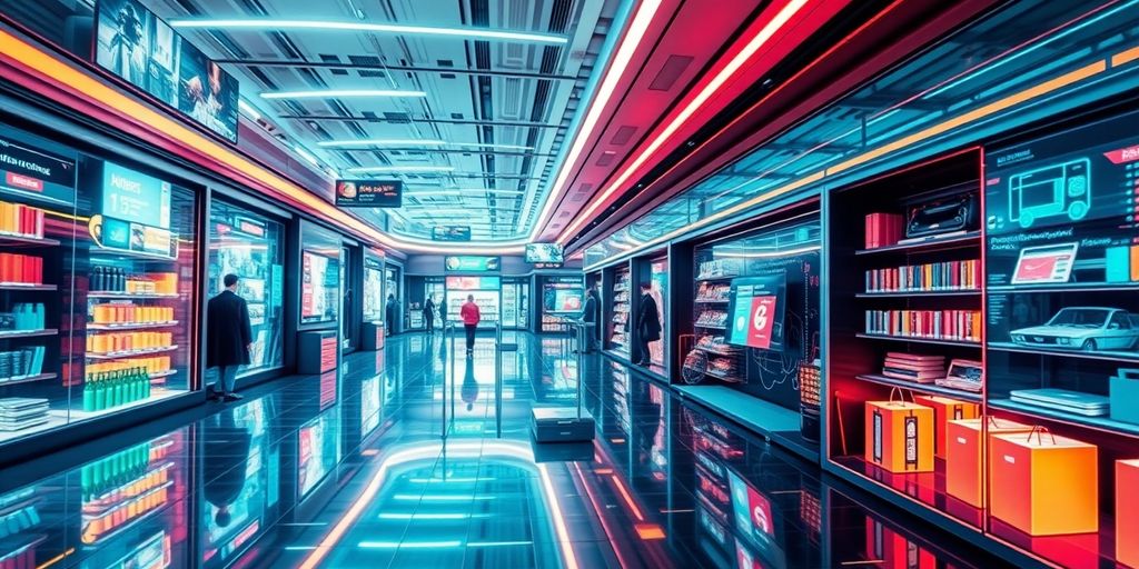 Futuristic digital marketplace with interconnected devices and vibrant colors.