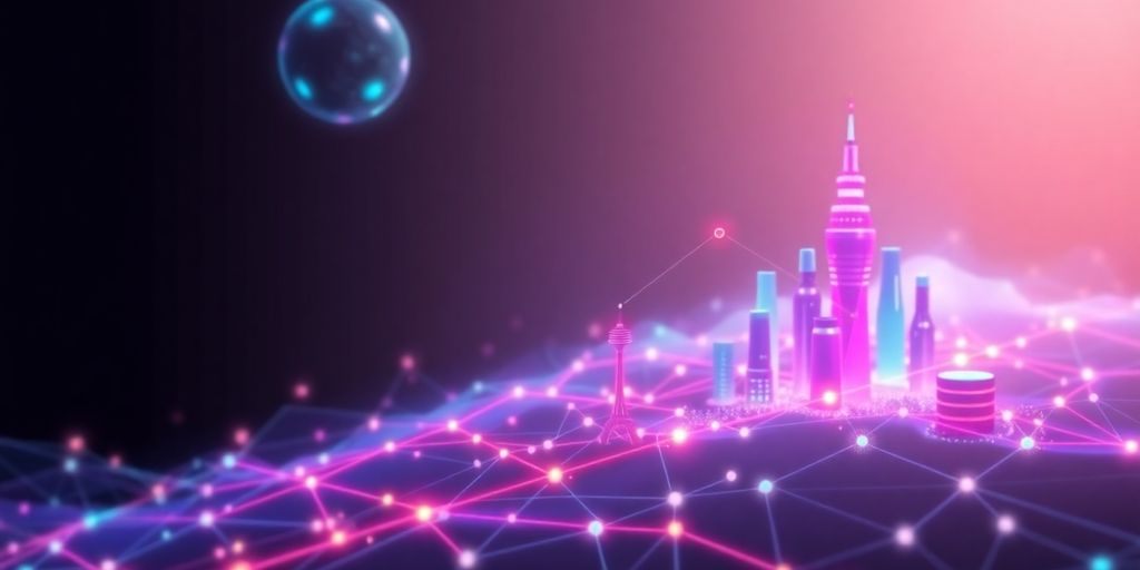 Futuristic e-commerce landscape with interconnected digital elements.