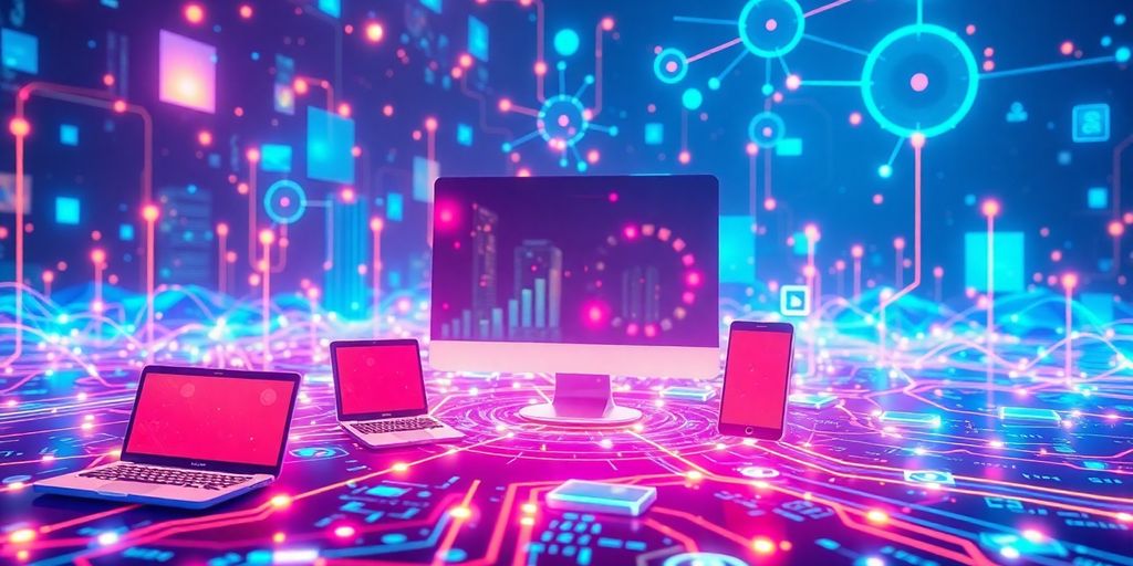 Futuristic digital landscape with interconnected devices.