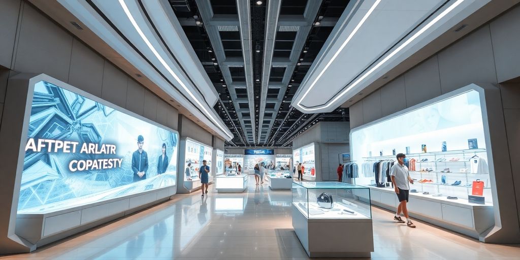 Futuristic e-commerce scene with augmented reality elements.