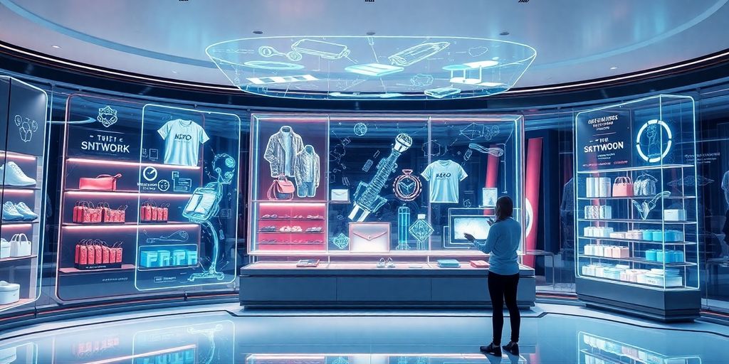 Futuristic ecommerce interface with holographic product displays.