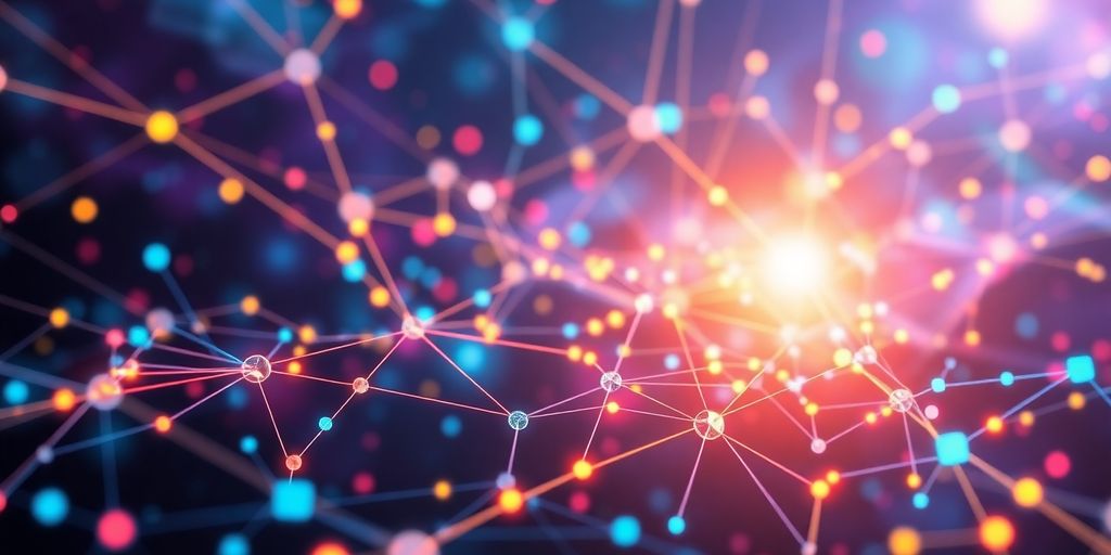 Futuristic digital landscape with interconnected nodes and technology.