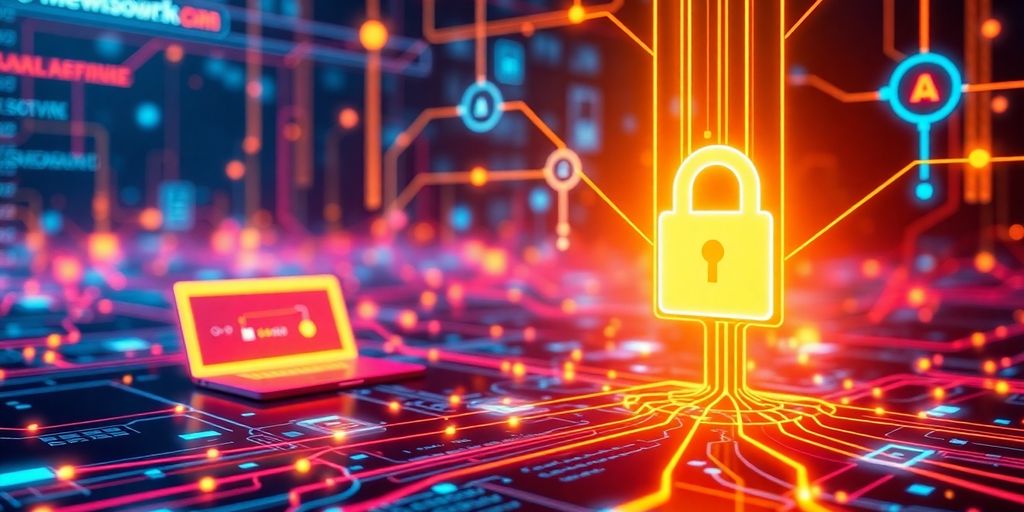 Futuristic digital landscape with interconnected devices and colors.