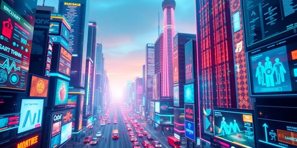 Futuristic city with digital interfaces and vibrant colors.