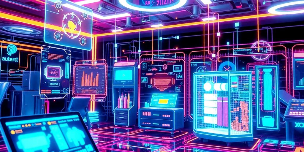 Futuristic e-commerce scene with digital interfaces and devices.