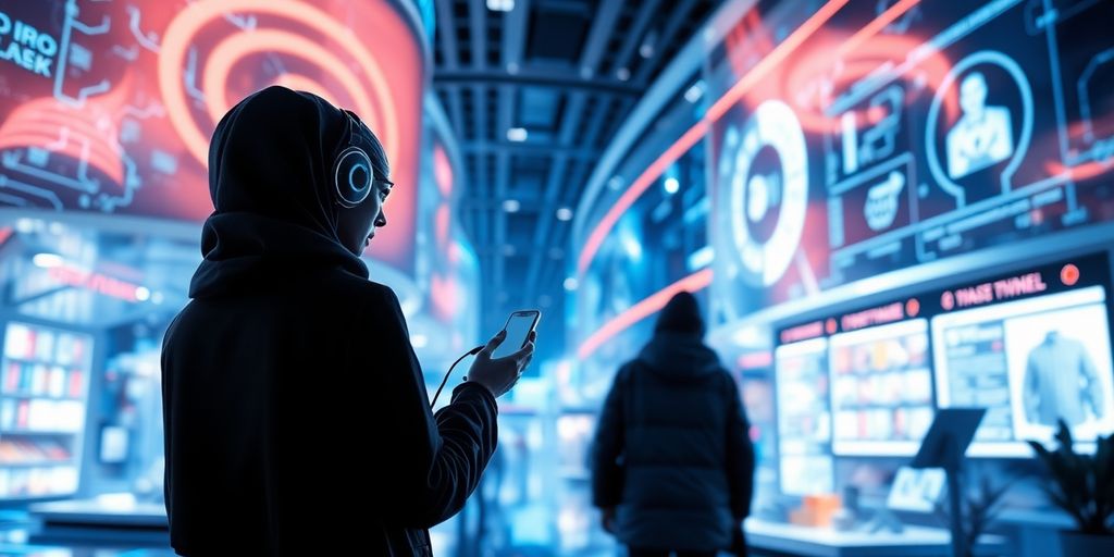 Futuristic digital landscape with AI and e-commerce elements.