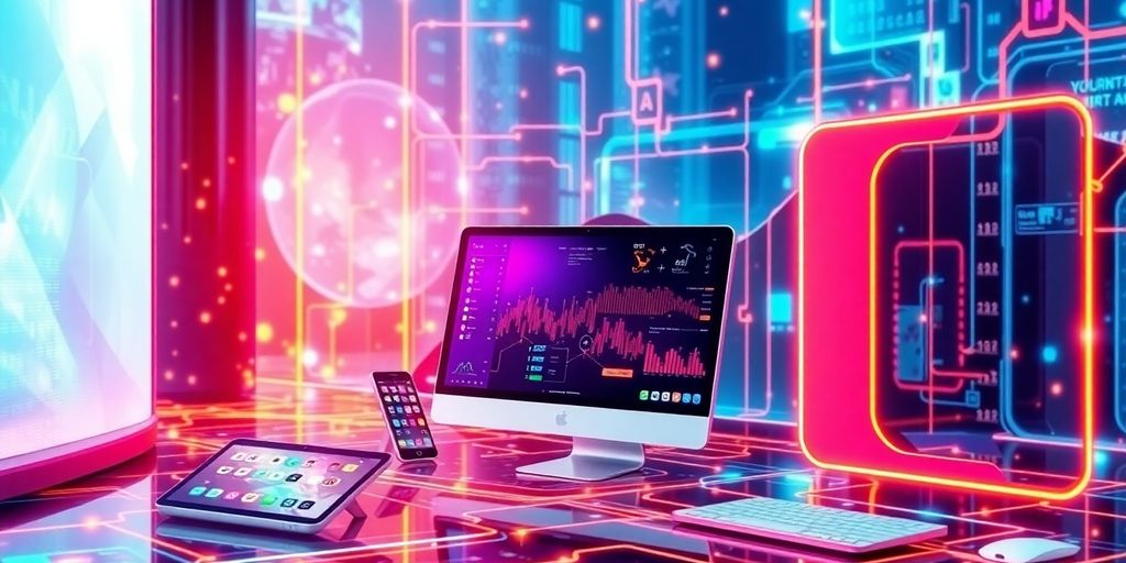 Futuristic digital landscape with interconnected devices and vibrant colors.