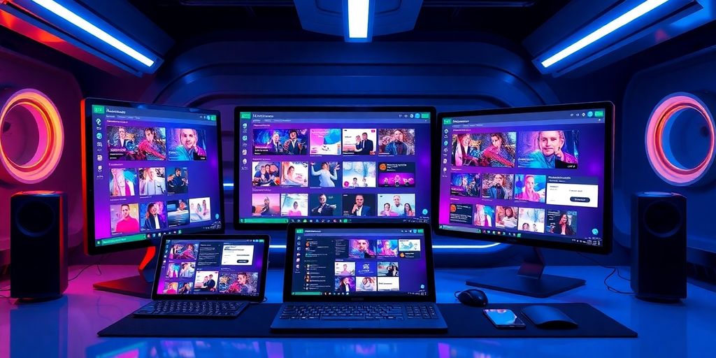 Futuristic digital workspace with sleek devices and vibrant screens.