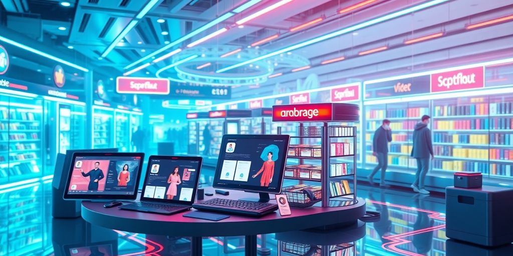 Futuristic ecommerce scene with vibrant colors and devices.