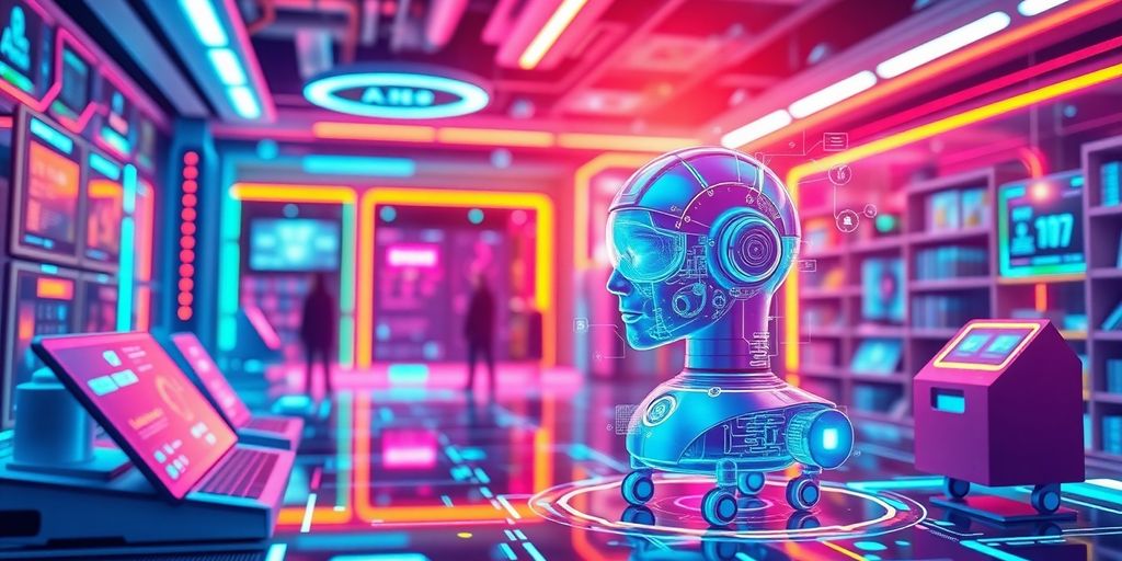 Futuristic e-commerce scene with advanced technology and digital interfaces.