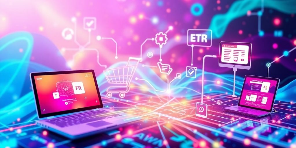 Futuristic digital landscape with interconnected devices and e-commerce.