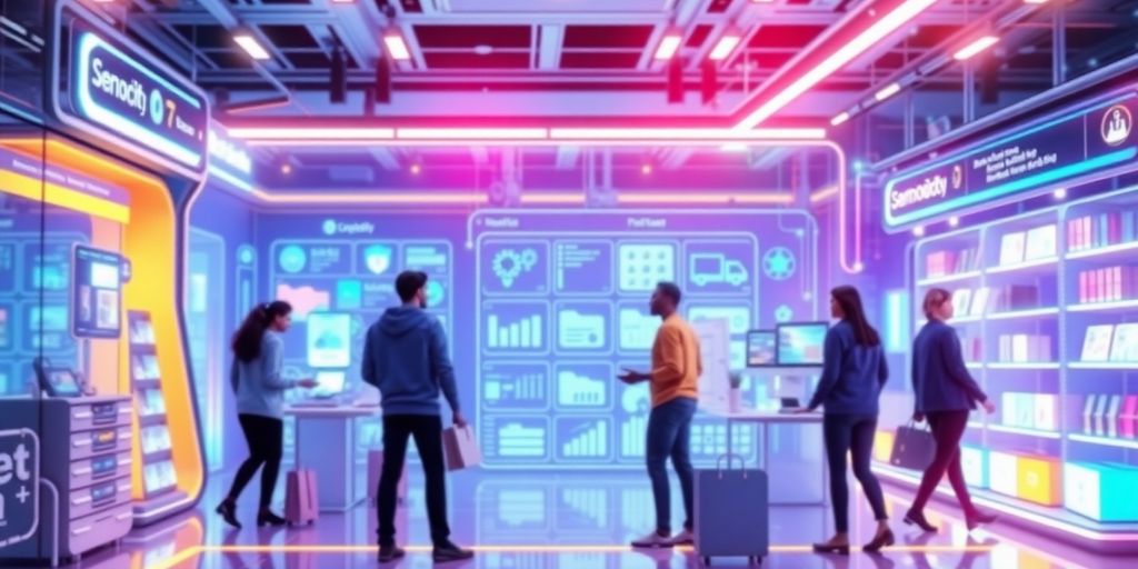 Futuristic e-commerce scene with advanced technology and vibrant colors.