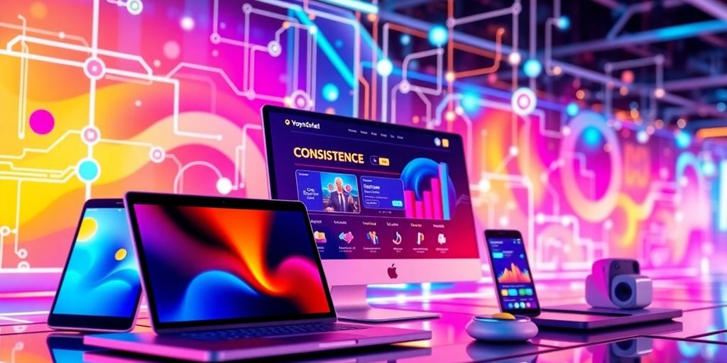 Futuristic e-commerce devices with vibrant digital elements.