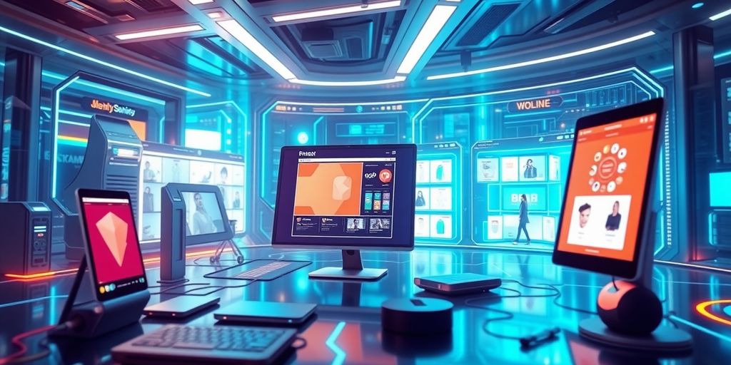 Futuristic e-commerce technology with sleek devices and interfaces.