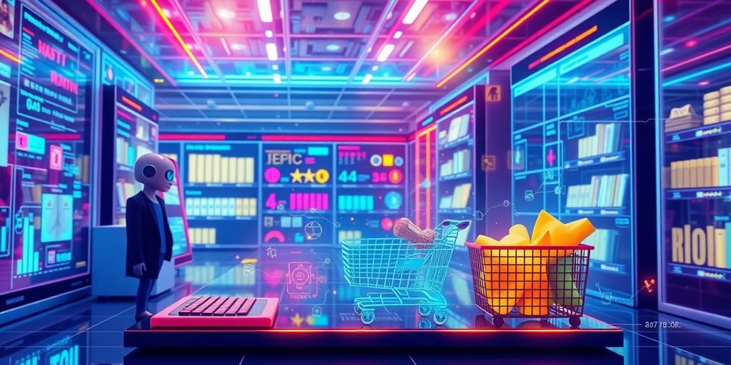 Futuristic e-commerce scene with digital technology elements.
