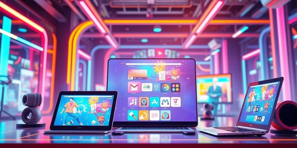 Futuristic e-commerce technology with sleek devices and colors.