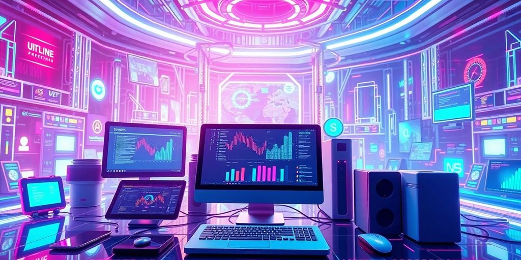 Futuristic ecommerce technology with vibrant colors and devices.