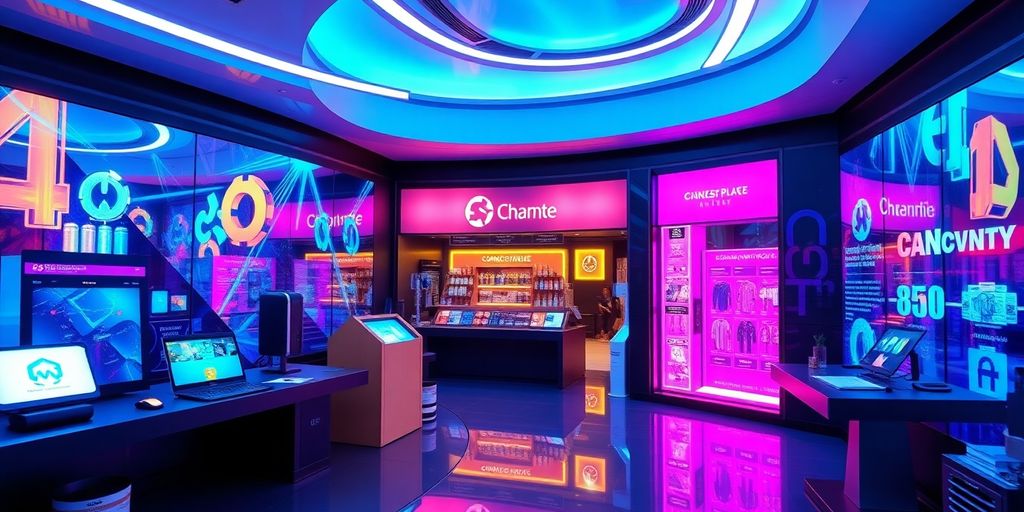 Futuristic digital marketplace with vibrant colors and technology.