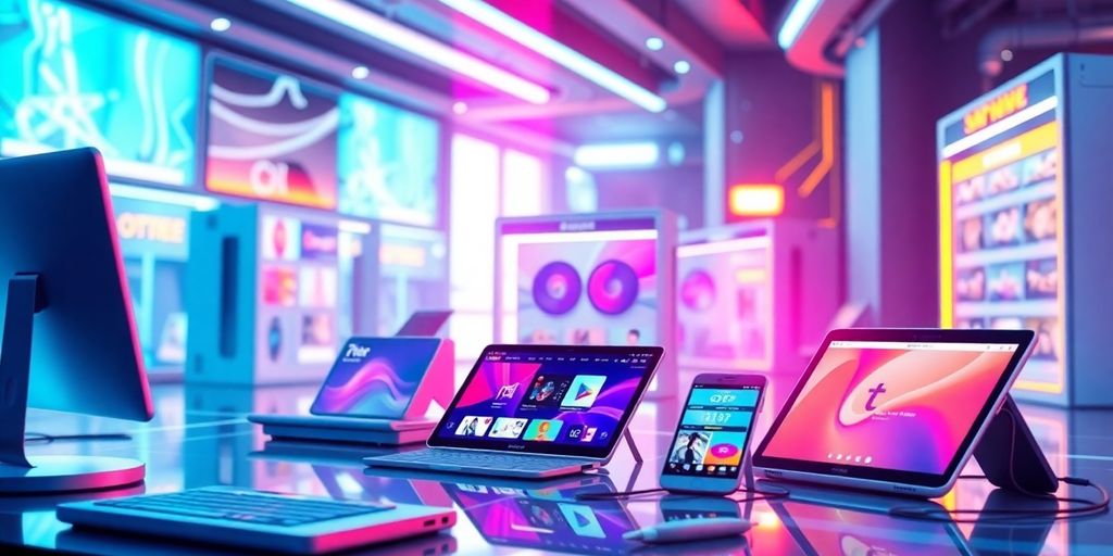 Futuristic e-commerce technology with sleek devices and vibrant colors.