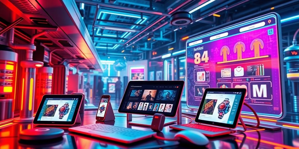 Futuristic e-commerce technology with sleek devices and interfaces.