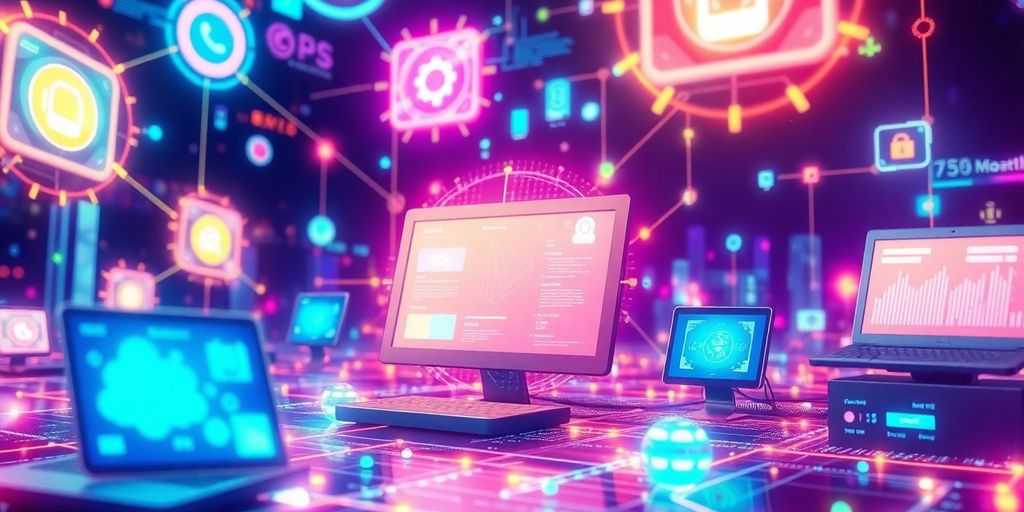 Futuristic digital landscape with interconnected devices.