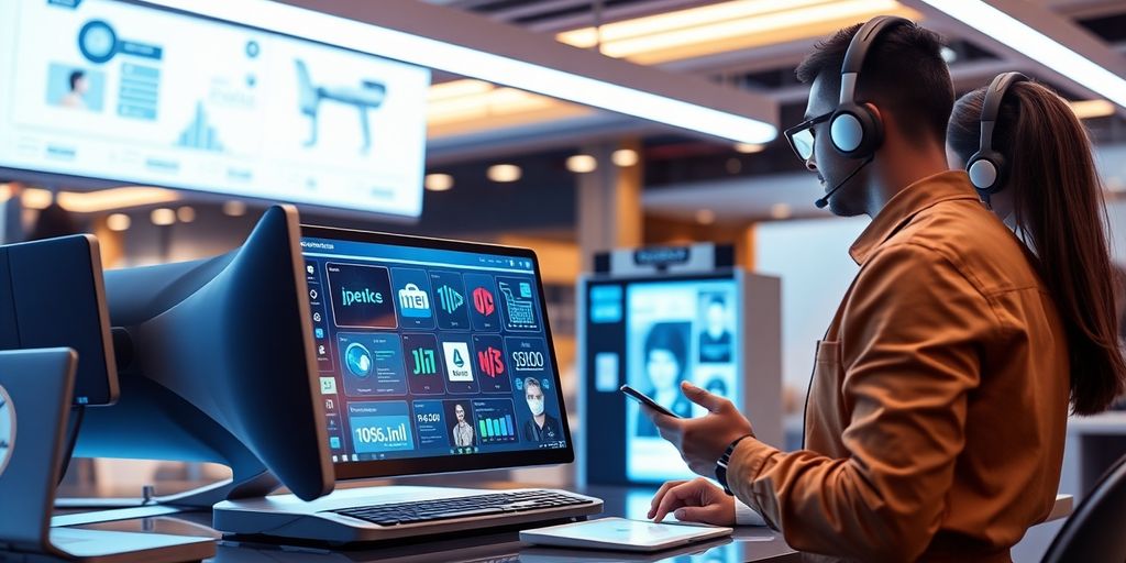 Futuristic e-commerce technology with sleek devices and interfaces.