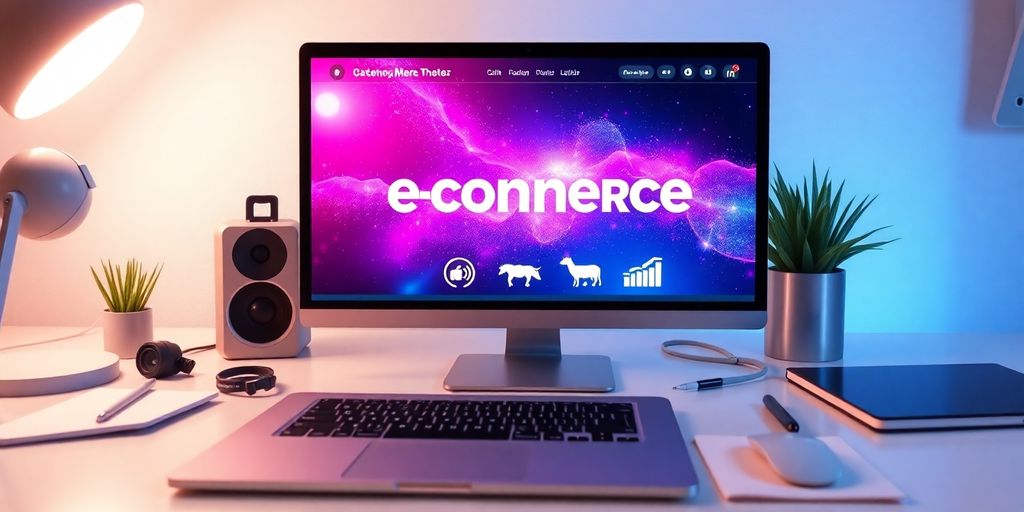 Modern workspace with laptop and digital devices.