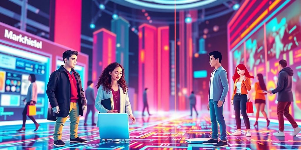 Futuristic digital avatars in an e-commerce setting.