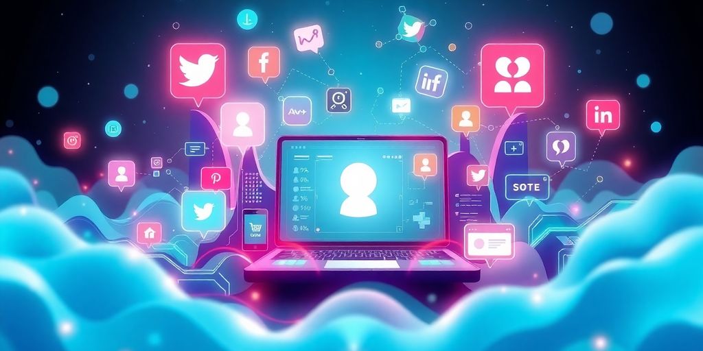 Futuristic e-commerce scene with social media icons.