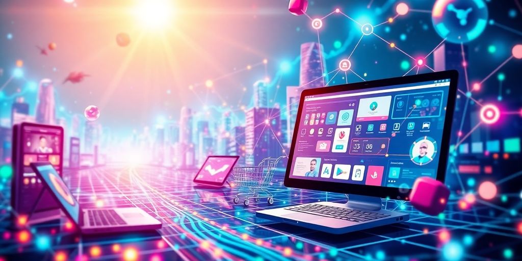 Futuristic e-commerce landscape with digital devices and networks.