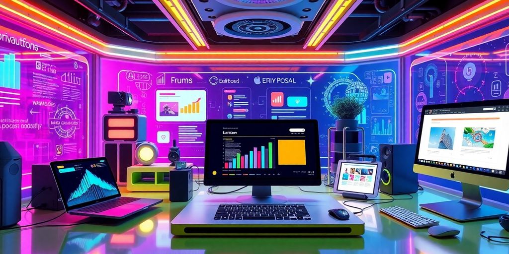 Futuristic workspace with technology and e-commerce elements.