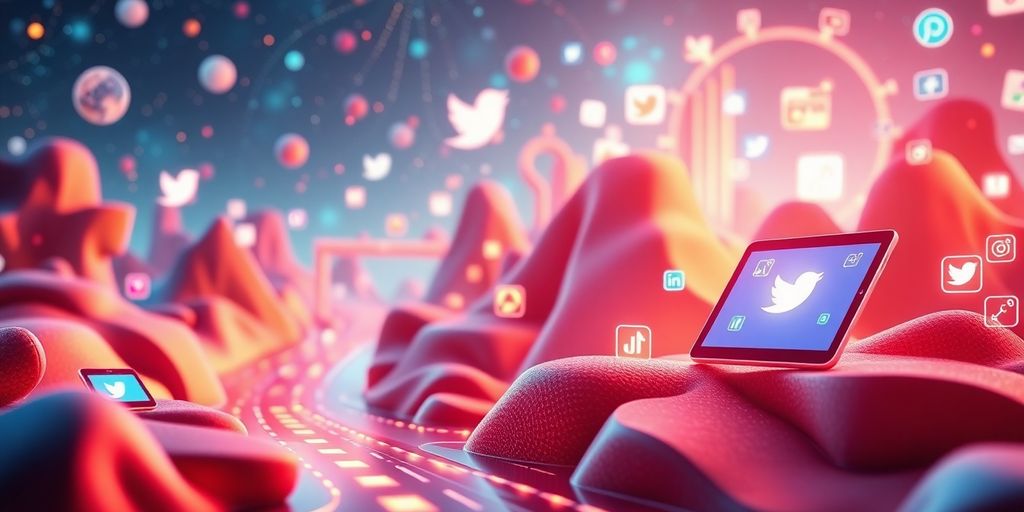 Futuristic e-commerce scene with digital devices and icons.