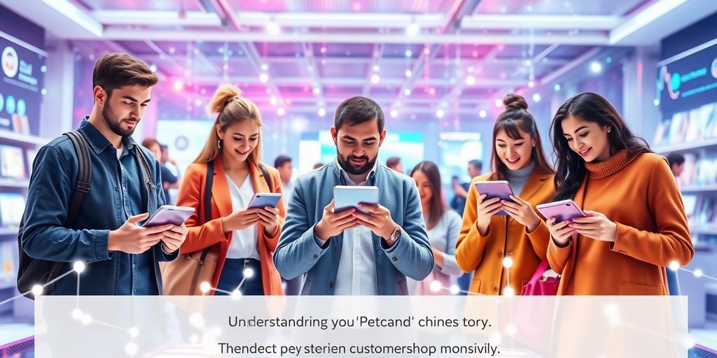 Futuristic e-commerce scene with diverse individuals and technology.