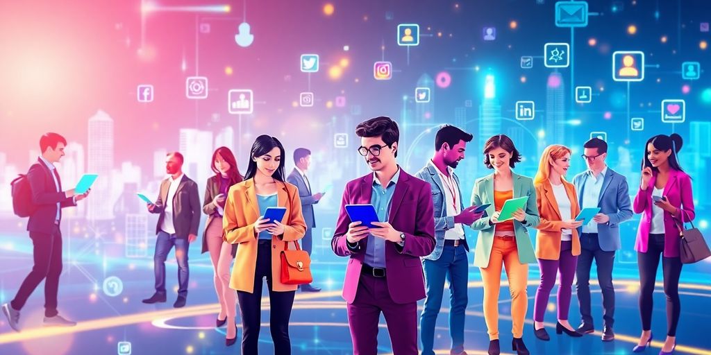 Futuristic digital landscape with diverse customer personas.