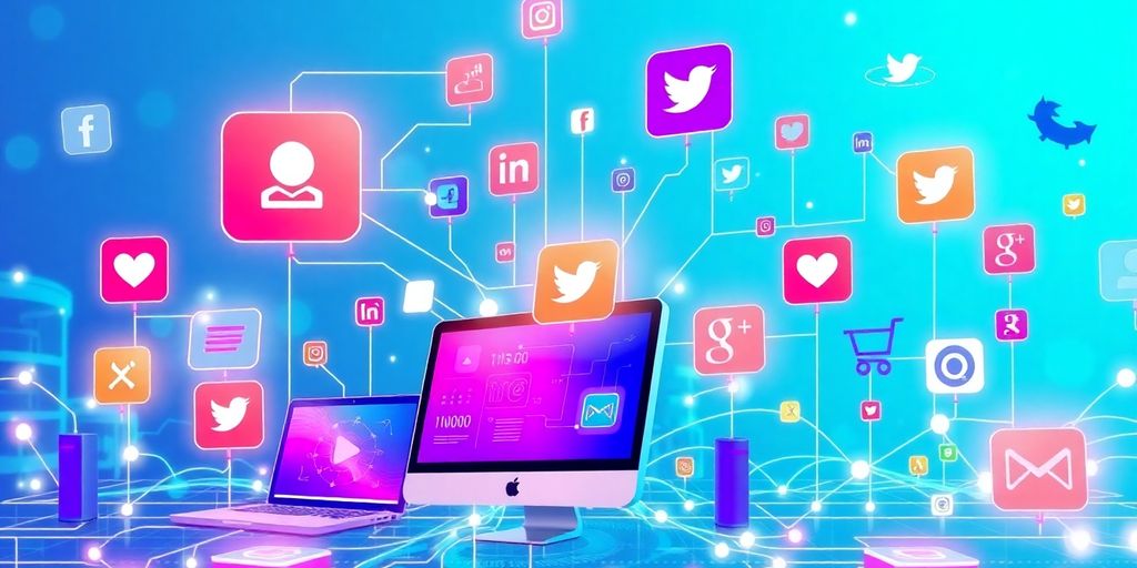 Futuristic digital landscape with social media icons and devices.