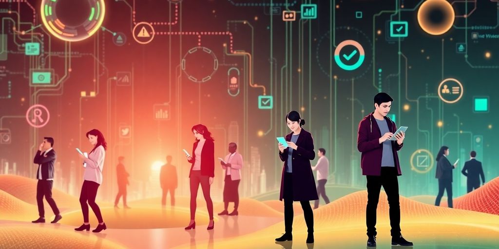 Futuristic digital landscape with diverse individuals and technology.