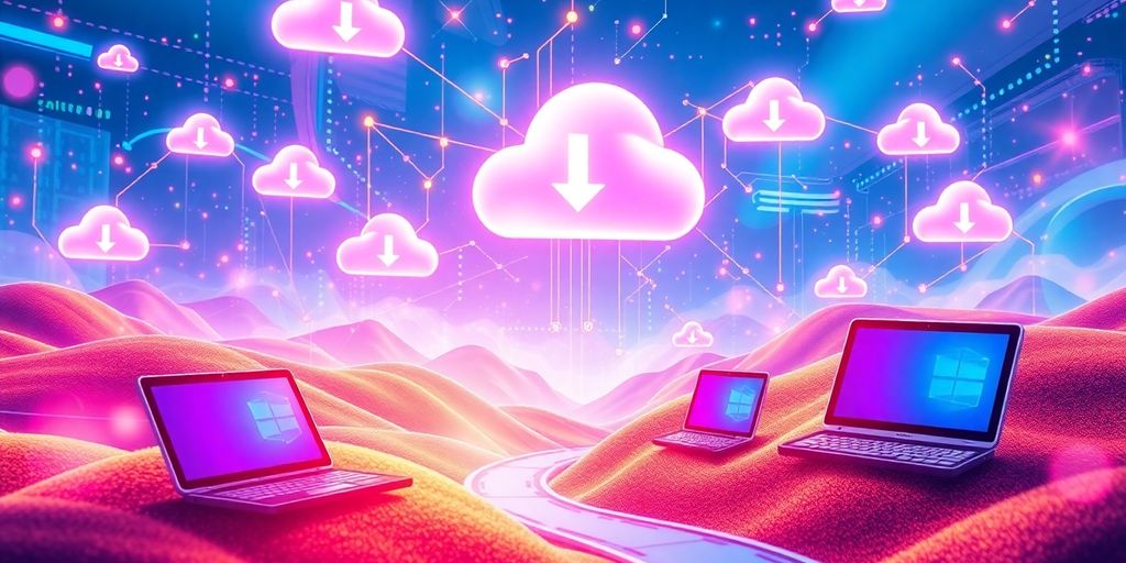 Futuristic digital landscape with interconnected devices and clouds.