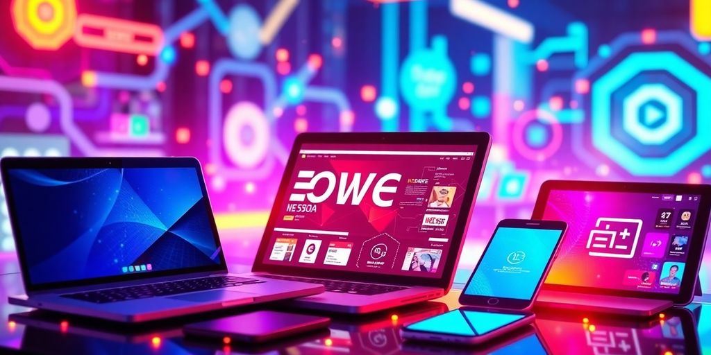 Futuristic eCommerce devices in a vibrant digital setting.