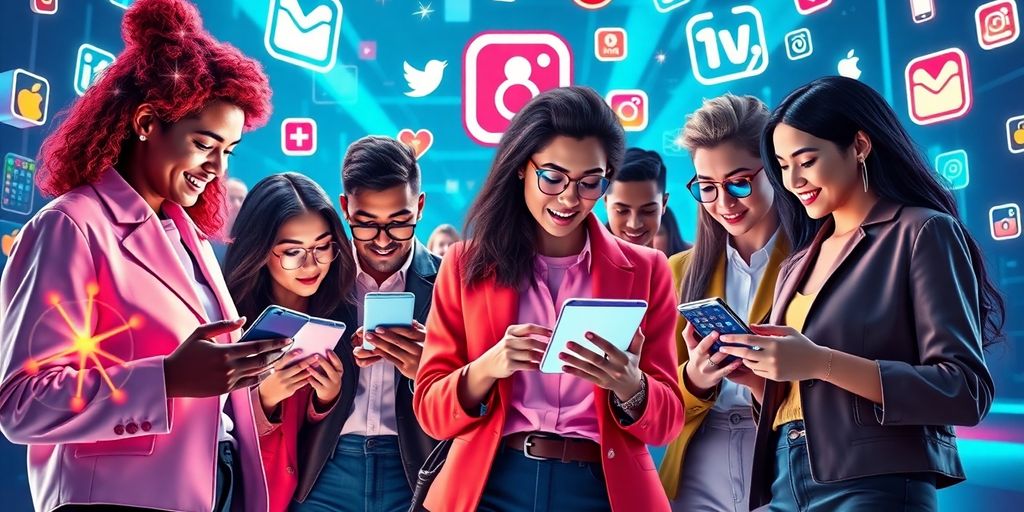 Diverse influencers using technology in a futuristic setting.