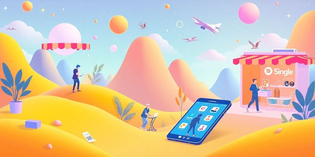 Futuristic e-commerce scene with small businesses and technology.