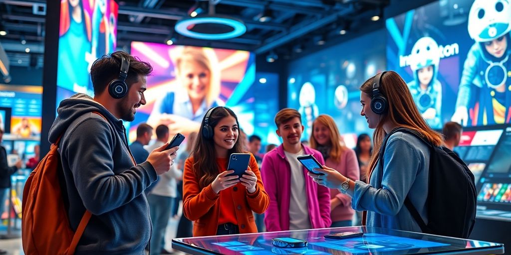 Influencers engaging with technology in a futuristic setting.