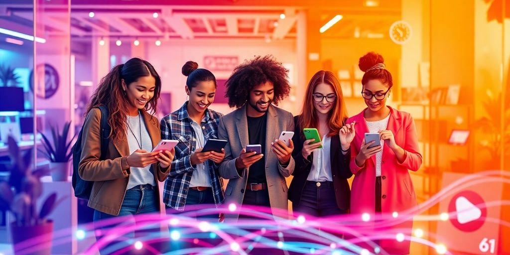 Small business owners collaborating with influencers in a tech setting.