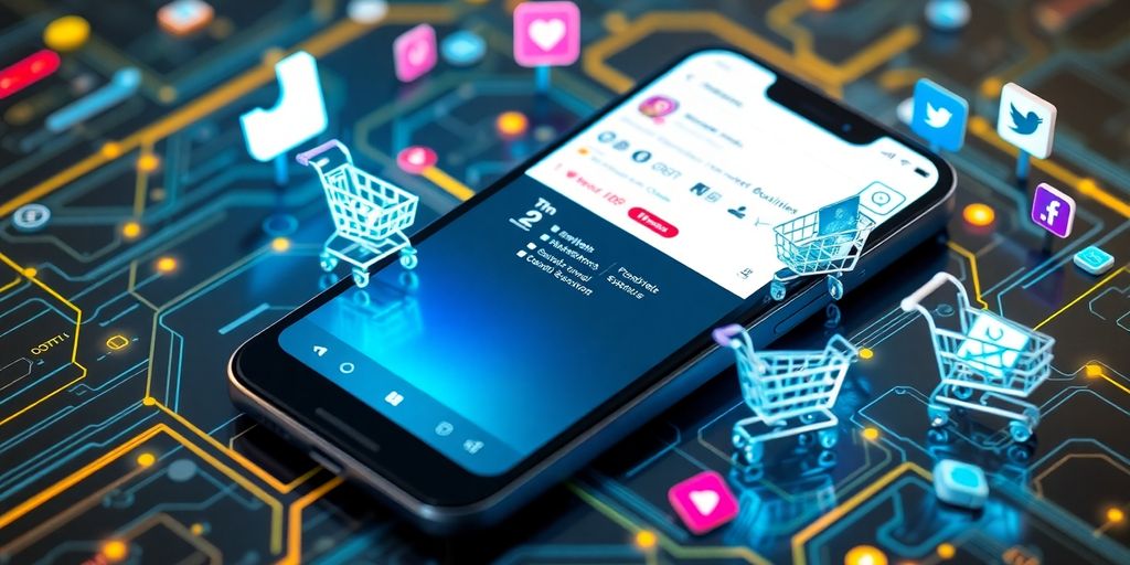 Smartphone with Instagram profile and e-commerce elements.