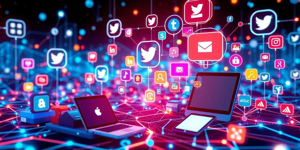 Futuristic digital landscape with social media icons and devices.