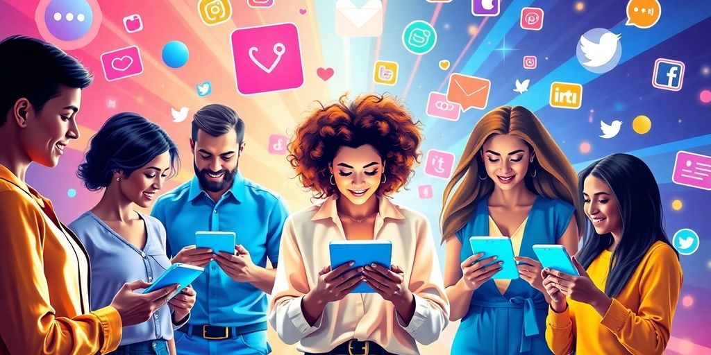 Diverse influencers using technology in a futuristic setting.