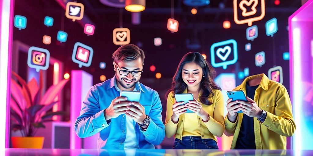 Futuristic scene of small business owners using Instagram.