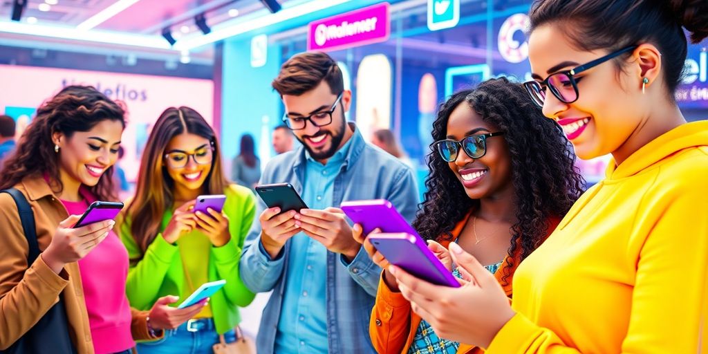 Diverse influencers using technology in a futuristic e-commerce setting.