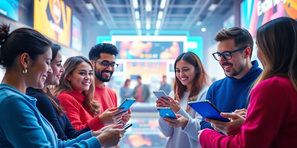 Diverse influencers engaging with followers in a futuristic setting.