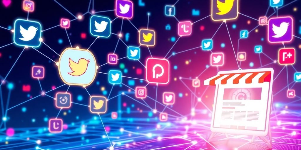 Futuristic digital landscape with social media icons and e-commerce.